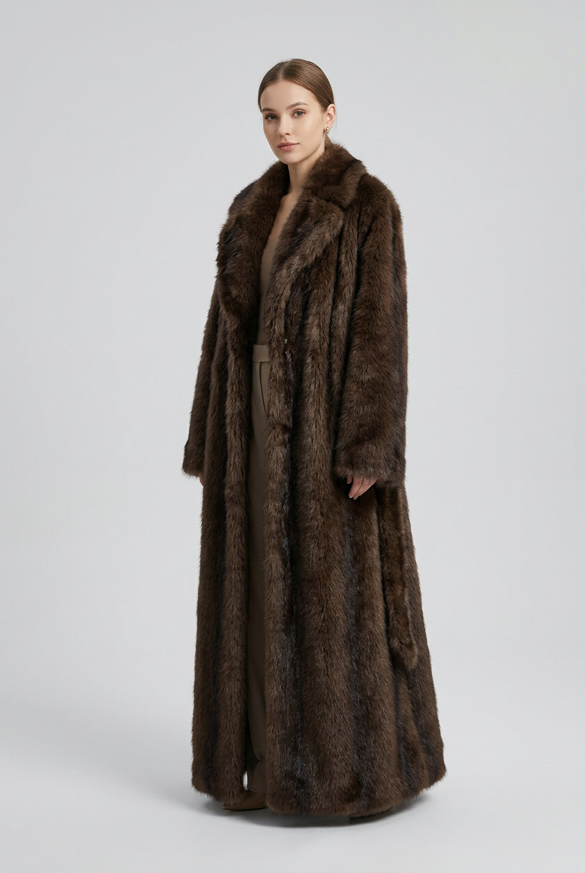 Long faux fur coat with full-length sleeves and wide collar