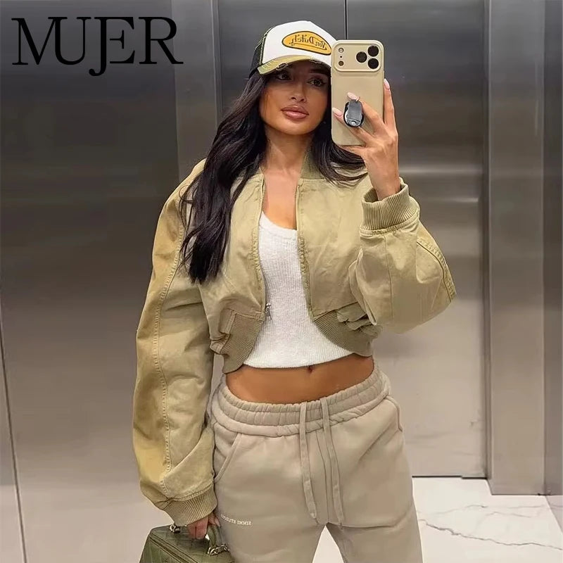 Varsity Bomber Jackets for Women Zipper Cropped Jacket Woman Outerwears Casual Womens Coats Long Sleeve Women's Jackets