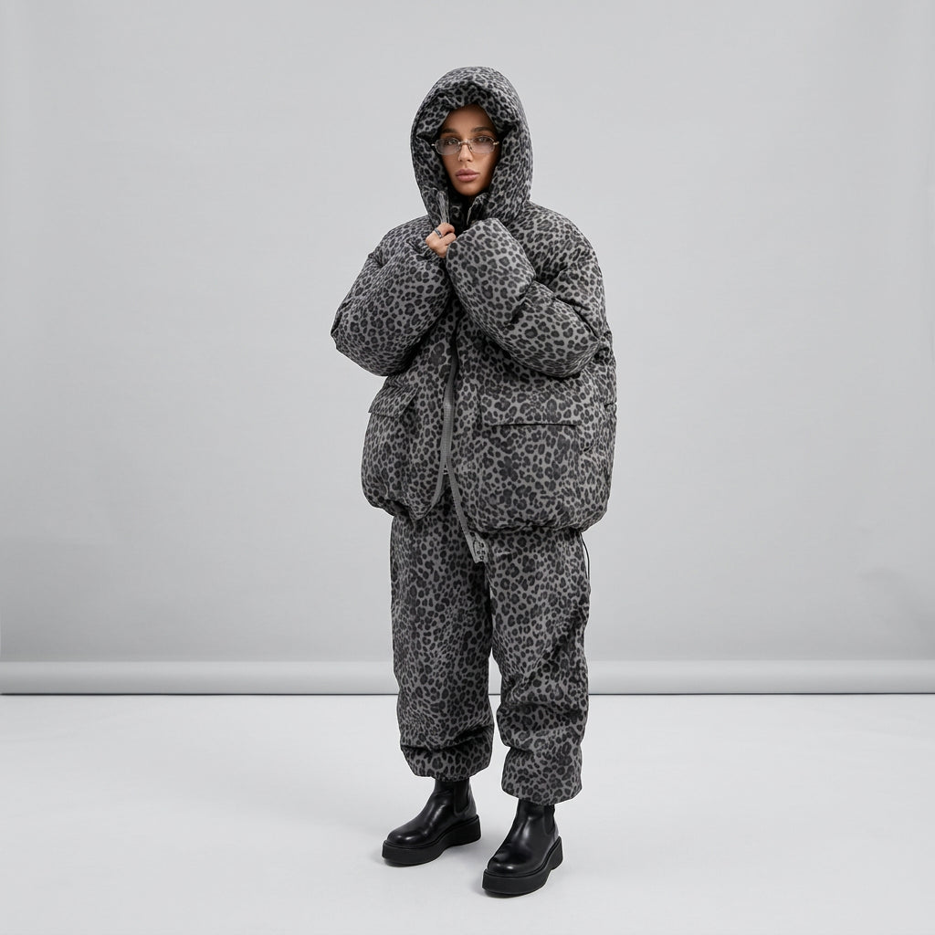 Leopard print puffer jacket and pants set shown from another angle
