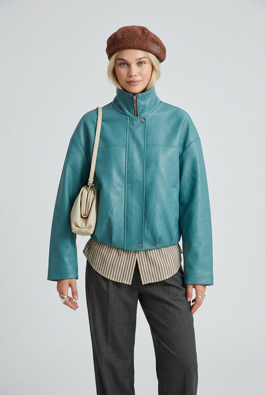 stand-collar faux-leather jacket product photo 17