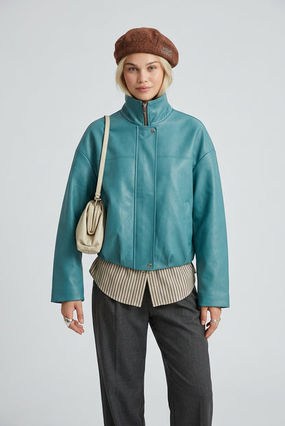 stand-collar faux-leather jacket product photo 17