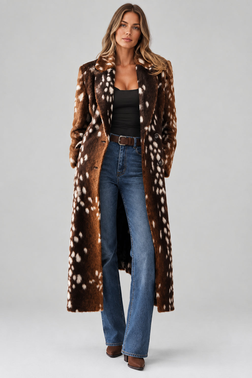Brown deer print faux fur coat for women
Women's brown deer print faux fur coat front view
Long brown deer print faux fur coat with notched lapel
Women's oversized deer print faux fur coat
Brown faux fur coat with deer print and double-breasted front
Close-up of brown deer print faux fur coat texture
Women's long deer print faux fur coat styled for fall
Brown deer print faux fur coat back view
Side view of women's brown deer print faux fur coat
Model wearing brown deer print faux fur coat