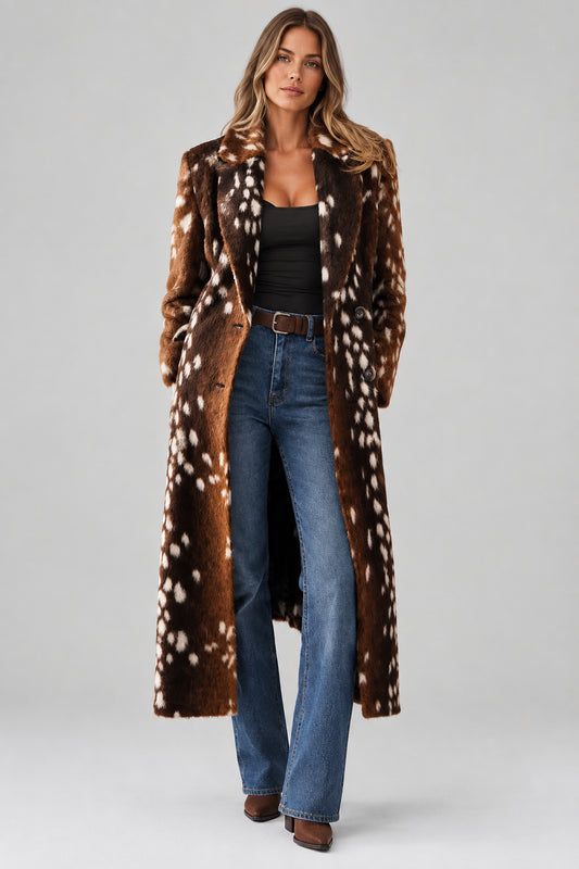 Brown deer print faux fur coat for women
Women's brown deer print faux fur coat front view
Long brown deer print faux fur coat with notched lapel
Women's oversized deer print faux fur coat
Brown faux fur coat with deer print and double-breasted front
Close-up of brown deer print faux fur coat texture
Women's long deer print faux fur coat styled for fall
Brown deer print faux fur coat back view
Side view of women's brown deer print faux fur coat
Model wearing brown deer print faux fur coat