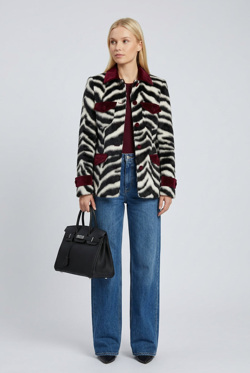 Women's zebra faux fur coat with long sleeves and pockets