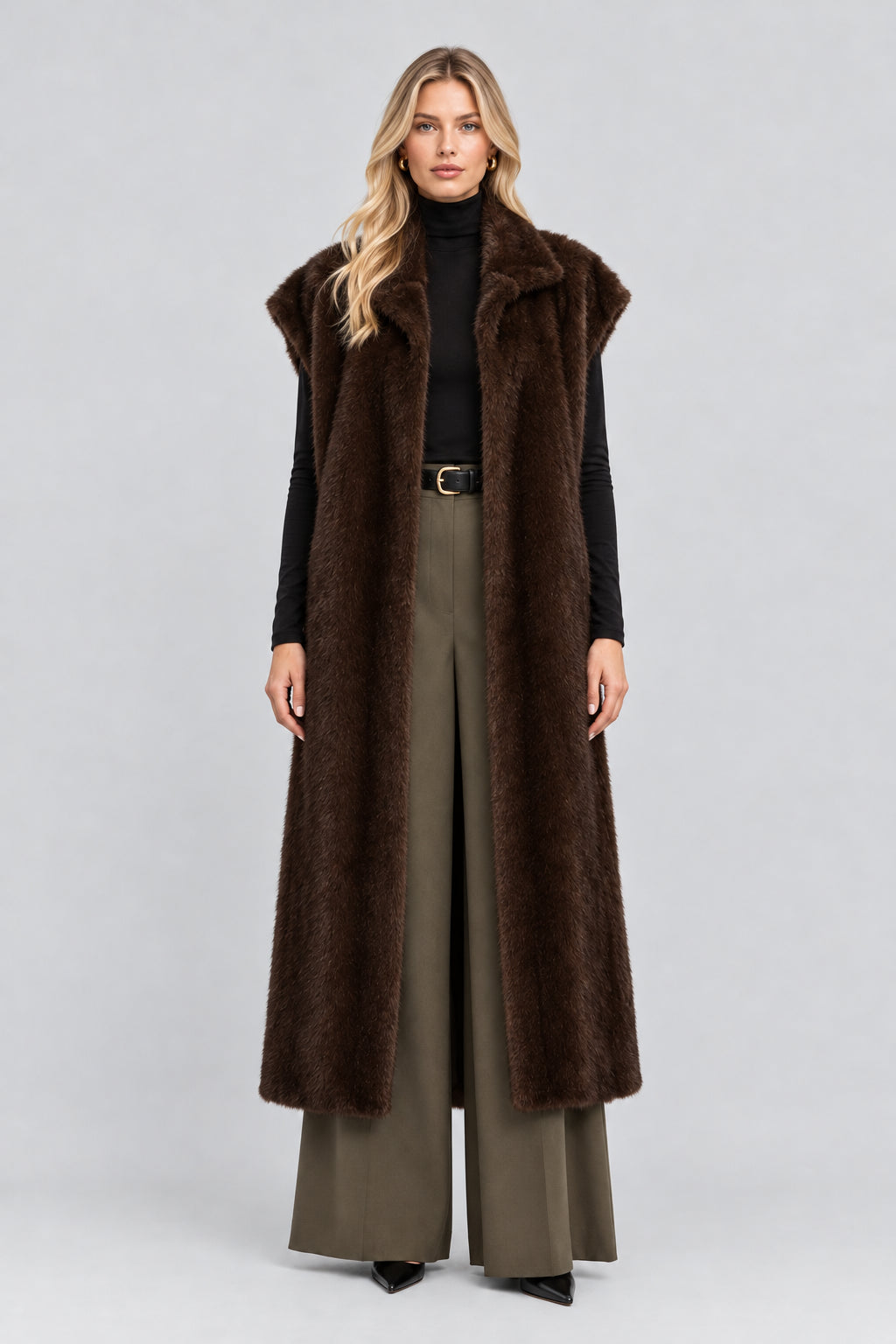 Longline faux fur vest with a high neckline