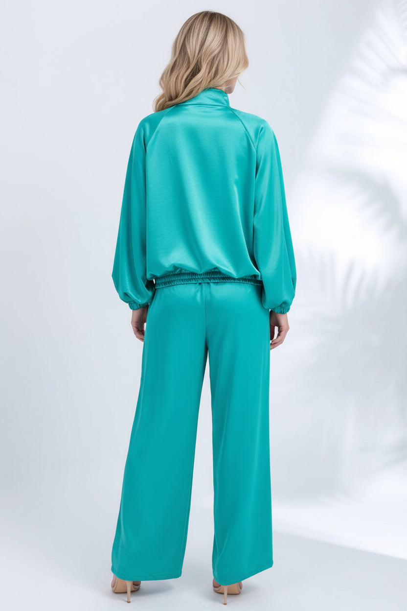 Dansa satin loose long sleeve crop top and wide leg trousers two-piece set streetwear.