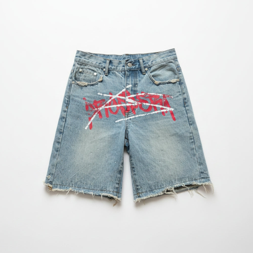 luxury streetwear jorts, graffiti denim shorts, red washed jorts, baggy jean shorts men, Y2K streetwear shorts, hip hop denim shorts, urban fashion jorts, oversized jorts outfit, designer streetwear shorts, graffiti shorts men women