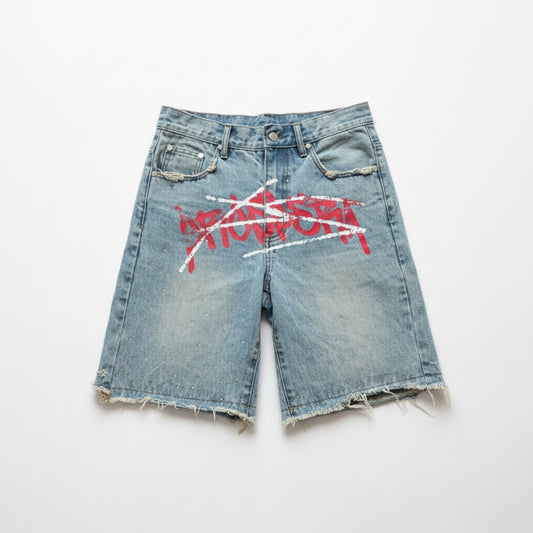 luxury streetwear jorts, graffiti denim shorts, red washed jorts, baggy jean shorts men, Y2K streetwear shorts, hip hop denim shorts, urban fashion jorts, oversized jorts outfit, designer streetwear shorts, graffiti shorts men women