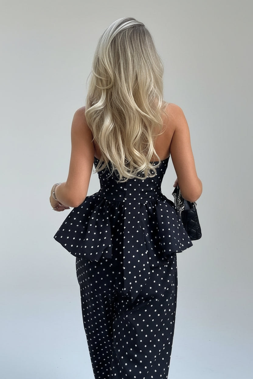 polka dot pants set, polka dot two piece set, women's polka dot set, halter pants set women, wide leg pants set, polka dot outfit women, matching pants set women, two piece outfit women, V neck halter top, lace up backless top, wide leg pants outfit, women's summer outfit, chic matching set, black and white pants set, vacation outfit women, brunch outfit women, date night outfit, women's boutique fashion