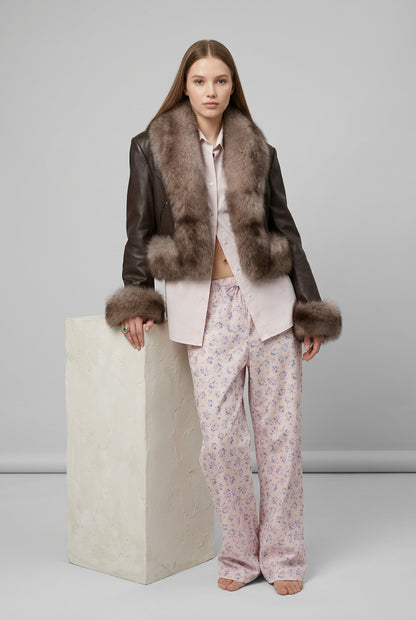 Faux fur patchwork zip-up jacket product detail