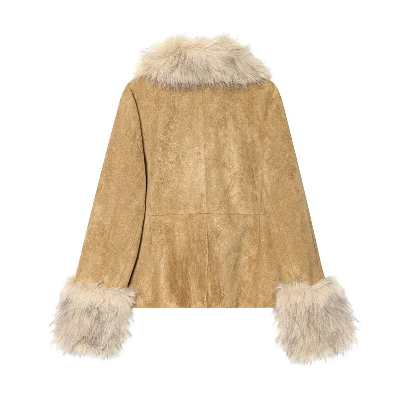 faux fur blazer women, faux fur trimmed blazer, khaki blazer women, women's winter blazer, faux suede blazer women, women's tailored blazer, khaki winter jacket, women's faux fur jacket, tailored winter blazer, women's casual blazer, elegant women's blazer, faux fur trim jacket, women's autumn outerwear, women's winter outerwear, khaki tailored jacket