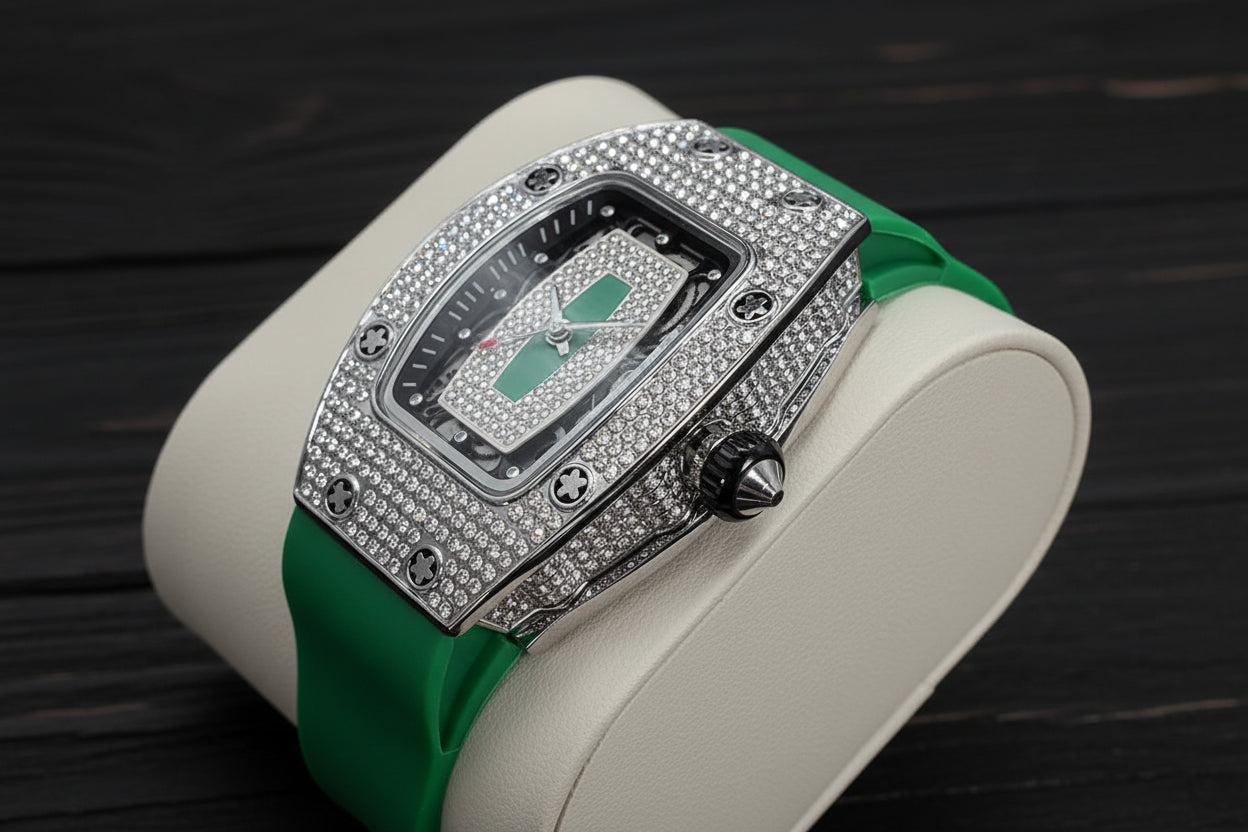 Luxury vortex iced out rubber strap wrist watch.