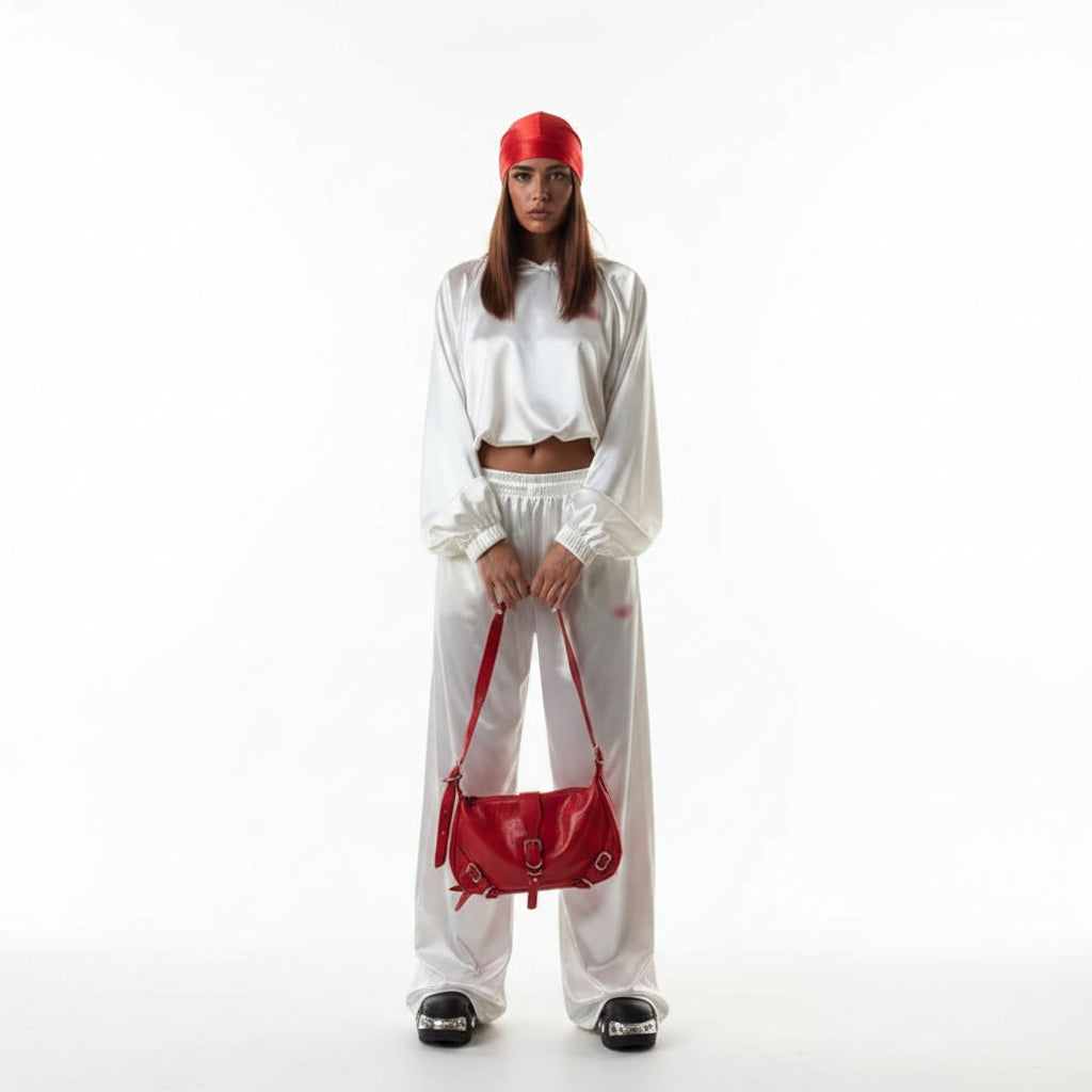 Dansa satin loose long sleeve crop top and wide leg trousers two-piece set streetwear.