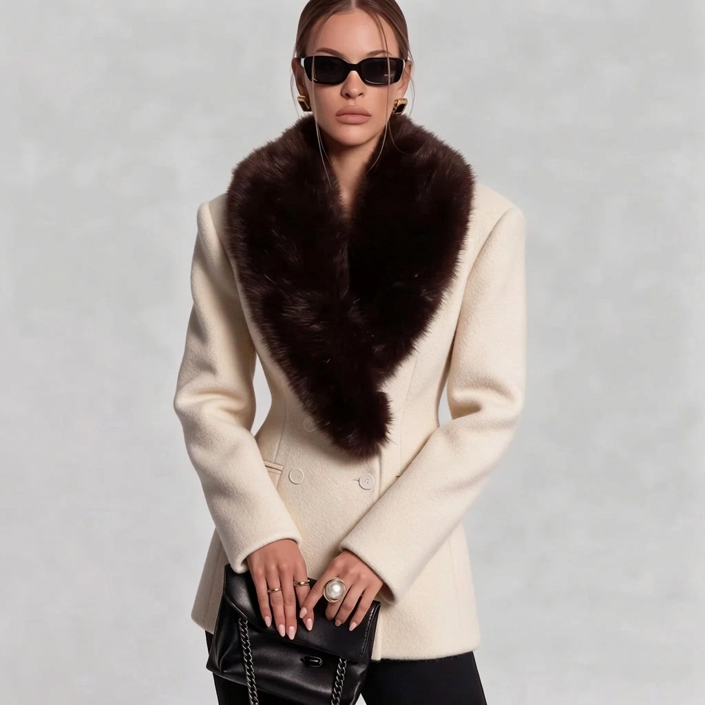 Beige tailored coat with a wide shawl collar and defined waist, front view