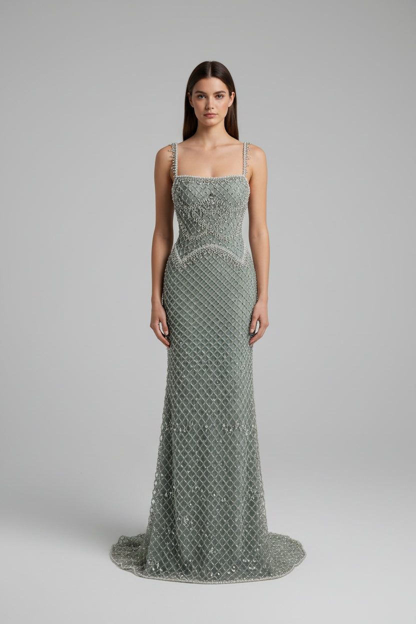 Lux silver beaded mermaid evening dress.