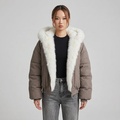 Beige winter jacket product detail showing its reversible design