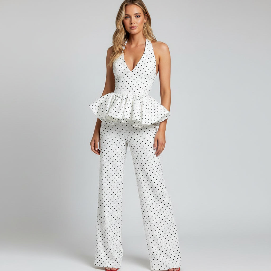 polka dot pants set, polka dot two piece set, women's polka dot set, halter pants set women, wide leg pants set, polka dot outfit women, matching pants set women, two piece outfit women, V neck halter top, lace up backless top, wide leg pants outfit, women's summer outfit, chic matching set, black and white pants set, vacation outfit women, brunch outfit women, date night outfit, women's boutique fashion