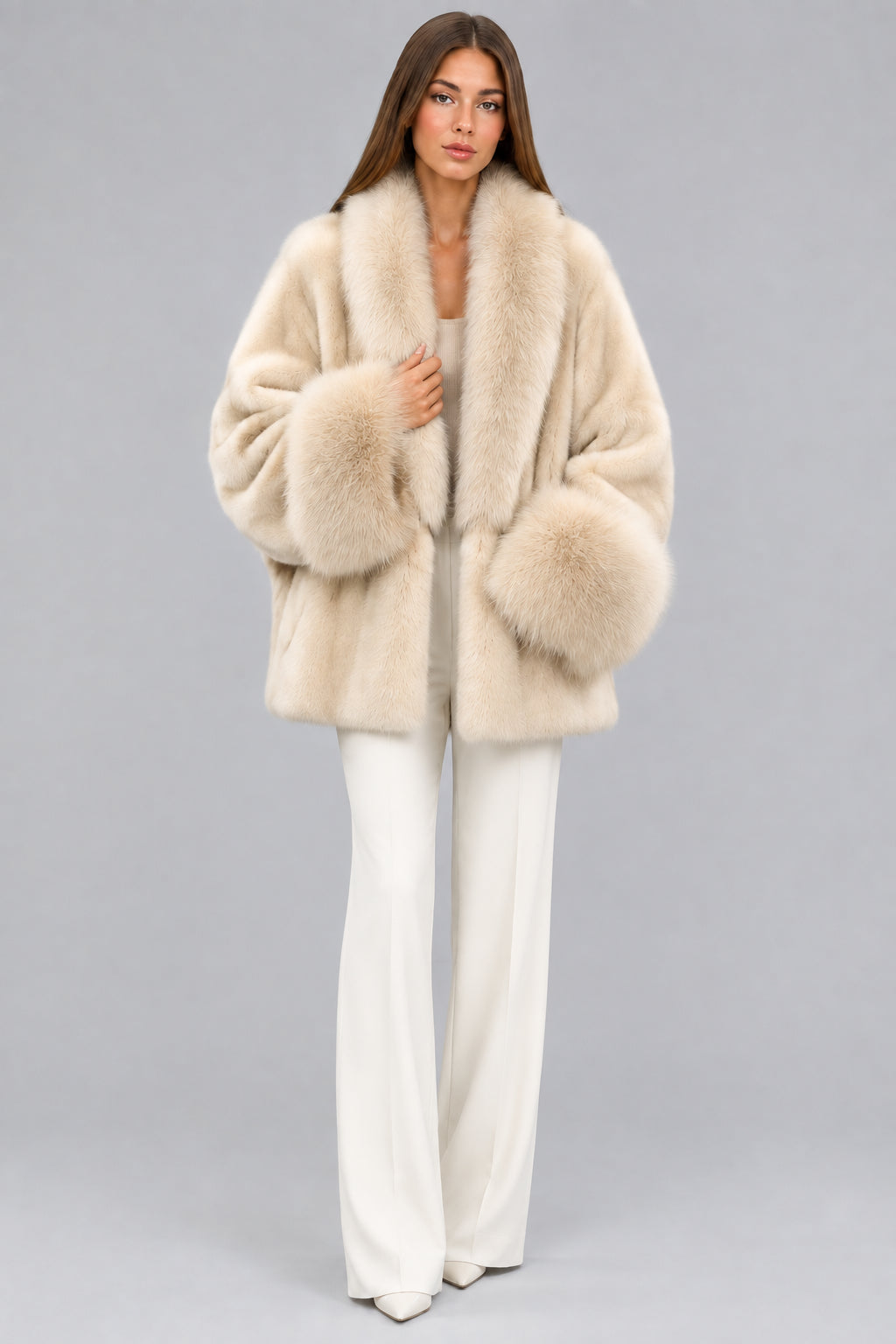 Beige women's winter coat with wide fur collar