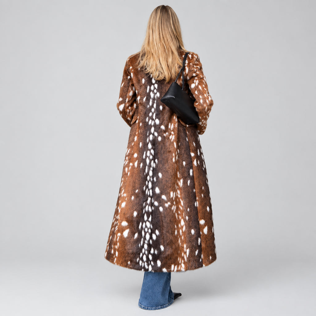 Brown deer print faux fur coat for women
Women's brown deer print faux fur coat front view
Long brown deer print faux fur coat with notched lapel
Women's oversized deer print faux fur coat
Brown faux fur coat with deer print and double-breasted front
Close-up of brown deer print faux fur coat texture
Women's long deer print faux fur coat styled for fall
Brown deer print faux fur coat back view
Side view of women's brown deer print faux fur coat
Model wearing brown deer print faux fur coat
