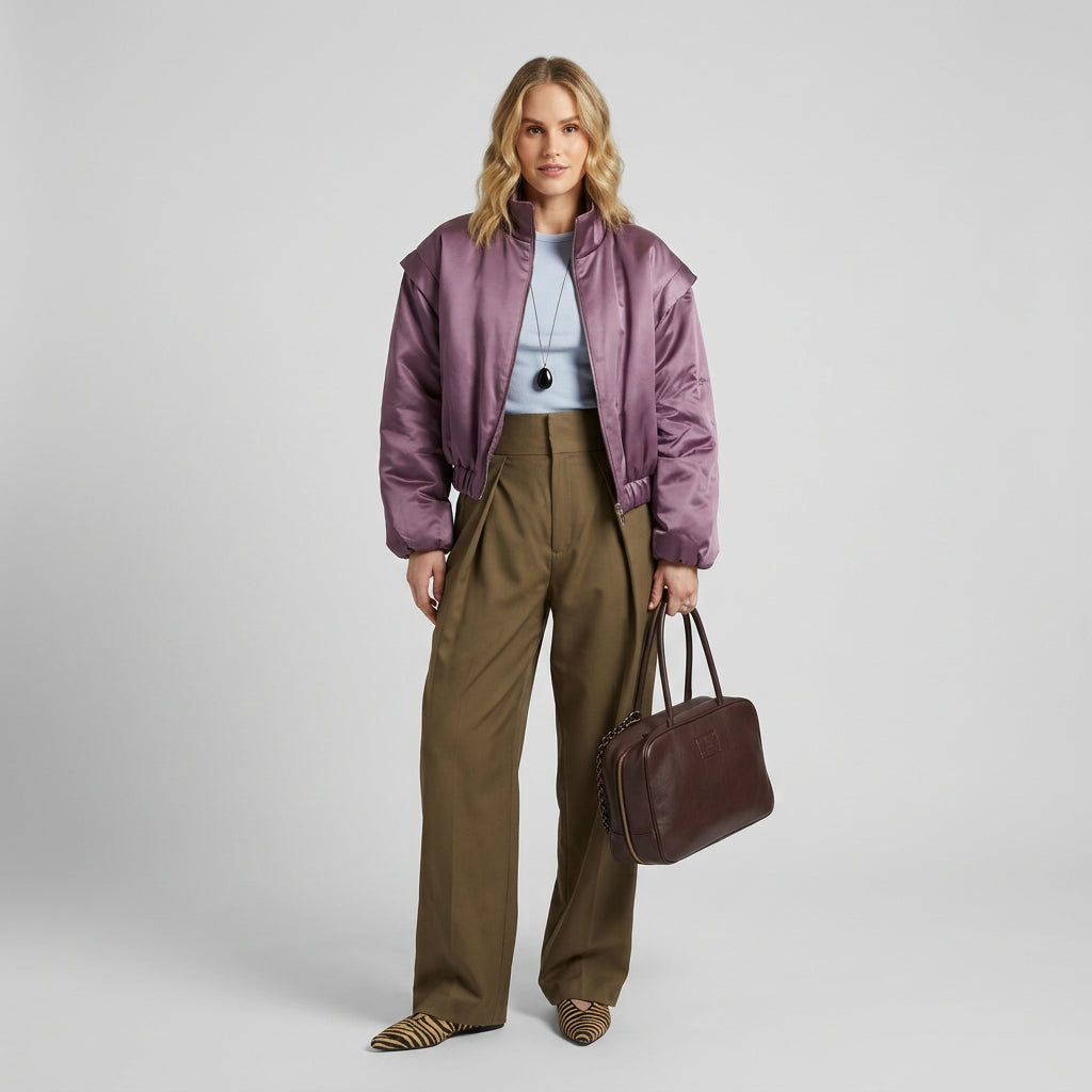 Dusty pink glossy satin cropped bomber jacket