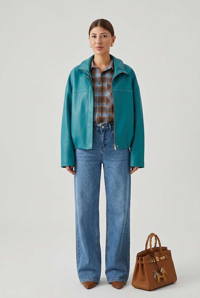 stand-collar faux-leather jacket product photo 6