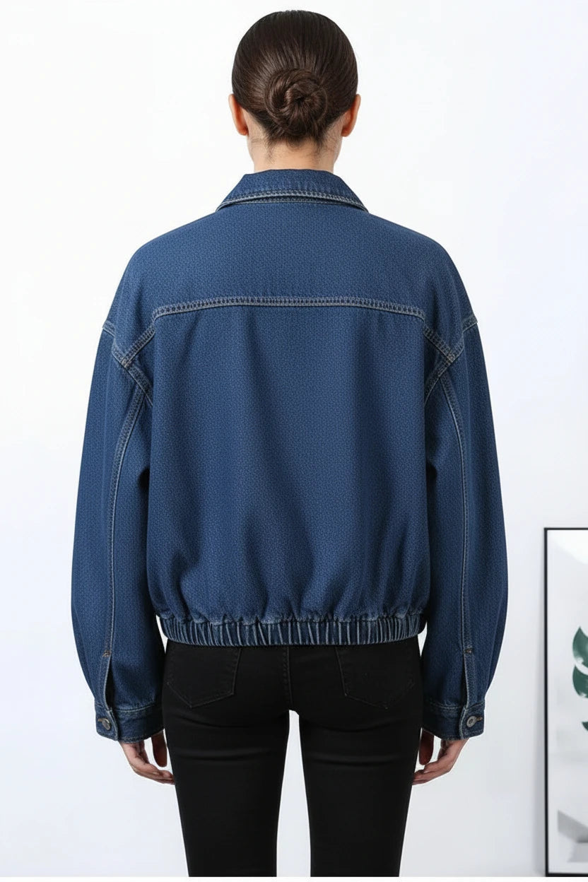 cropped denim jacket women, blue cropped jacket women, women's cropped jacket, stand collar jacket women, relaxed cropped jacket, blue casual jacket women, women's street style jacket, cropped button jacket, women's lightweight jacket, casual women's outerwear, cropped blue jacket, women's spring jacket, women's everyday jacket, relaxed fit jacket