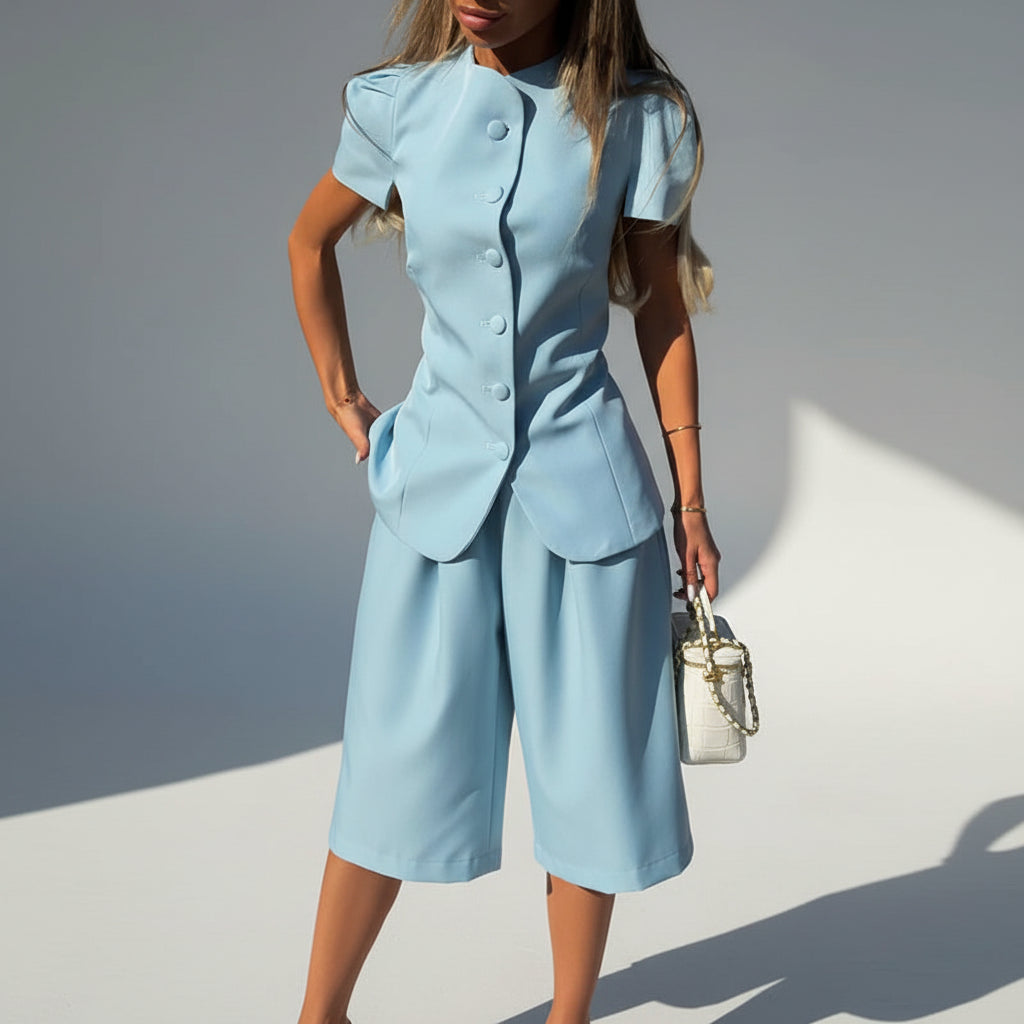 women's two piece set, women's matching set, women's top and pants set, two piece outfit for women, women's trouser set, women's summer set, short sleeve two piece set, high waist pants set, women's casual set, women's vacation outfit, women's brunch outfit, women's dinner outfit, women's resort wear, matching top and pants, women's coordinated outfit, elegant two piece outfit, women's fashion set, black two piece set, blue two piece set, yellow two piece set