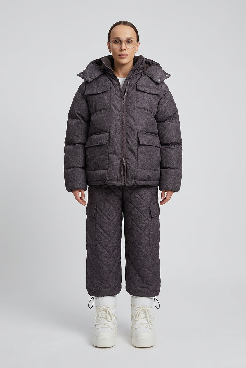 Close-up view of the puffer set's fabric and pattern