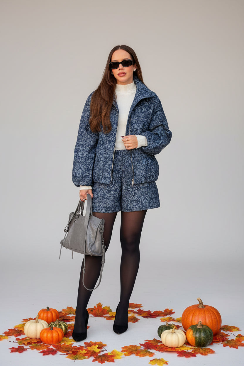 women's paisley two piece set, women's fall two piece outfit, paisley outfit women, fall outfit women 2026, women's matching set, long sleeve two piece set, jacket and shorts set women, vintage inspired outfit women, chic fall outfit women, autumn outfit women, women's casual two piece set, fall fashion 2026, women's boutique clothing, pumpkin picking outfit, fall photoshoot outfit, brunch outfit women, autumn matching set, navy blue two piece set, stylish fall outfits
