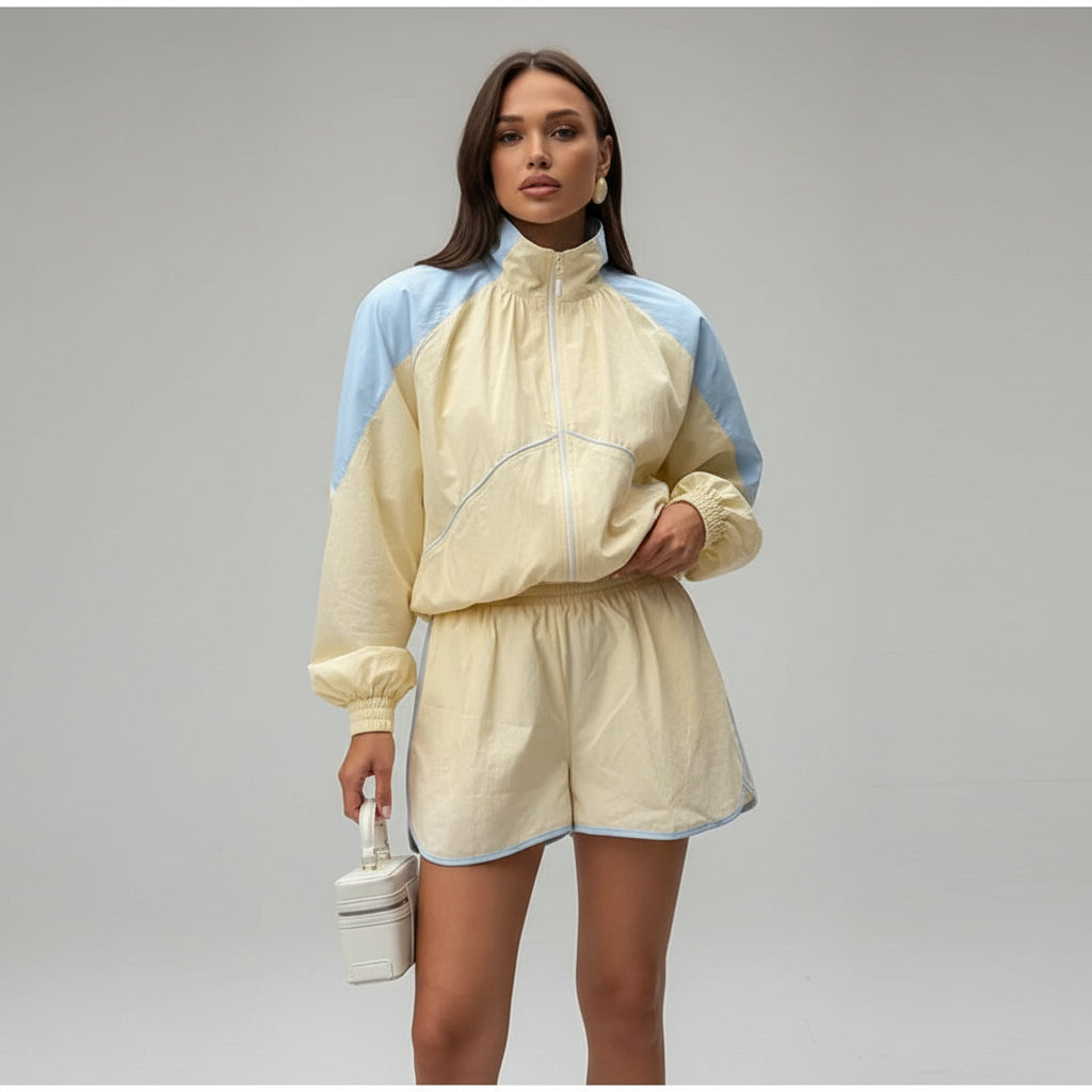 women's two piece shorts set, women's matching shorts set, color block two piece set, women's windbreaker set, women's jacket and shorts set, sporty two piece set women, women's summer outfit set, women's casual two piece outfit, women's athleisure set, women's streetwear set, matching jacket and shorts women, women's vacation outfit, women's travel outfit, women's weekend outfit, women's sporty outfit, women's casual set with shorts, color block outfit women, women's summer matching set, women's tracksuit 