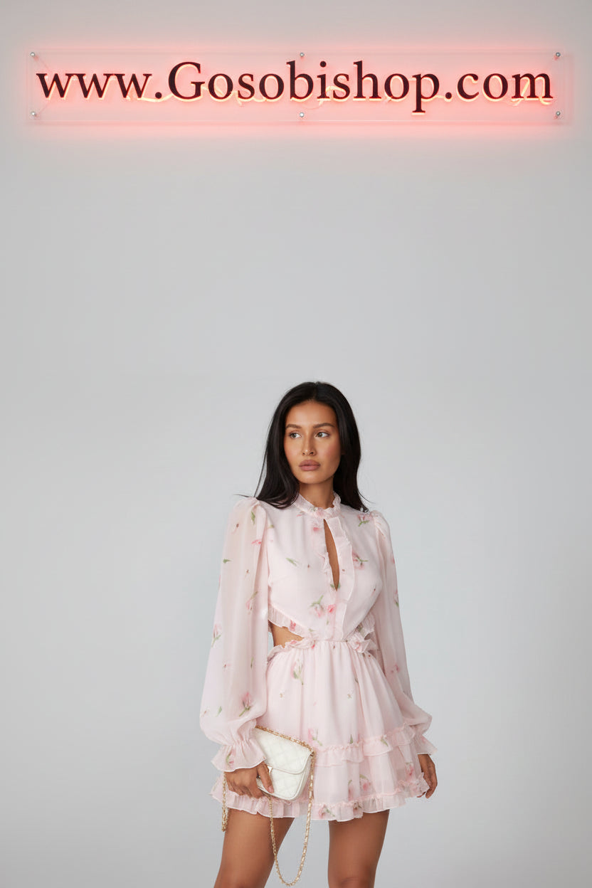 Elegant Floral Mini Dress Woman Fashion Stand Collar Flare Sleeve Waist Lace Up Ruffle Hem Dresses 2026 Summer Beach Vestidos