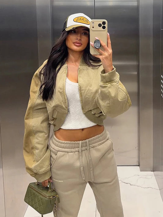 Jessy-J cropped bomber jacket with loose sleeves.