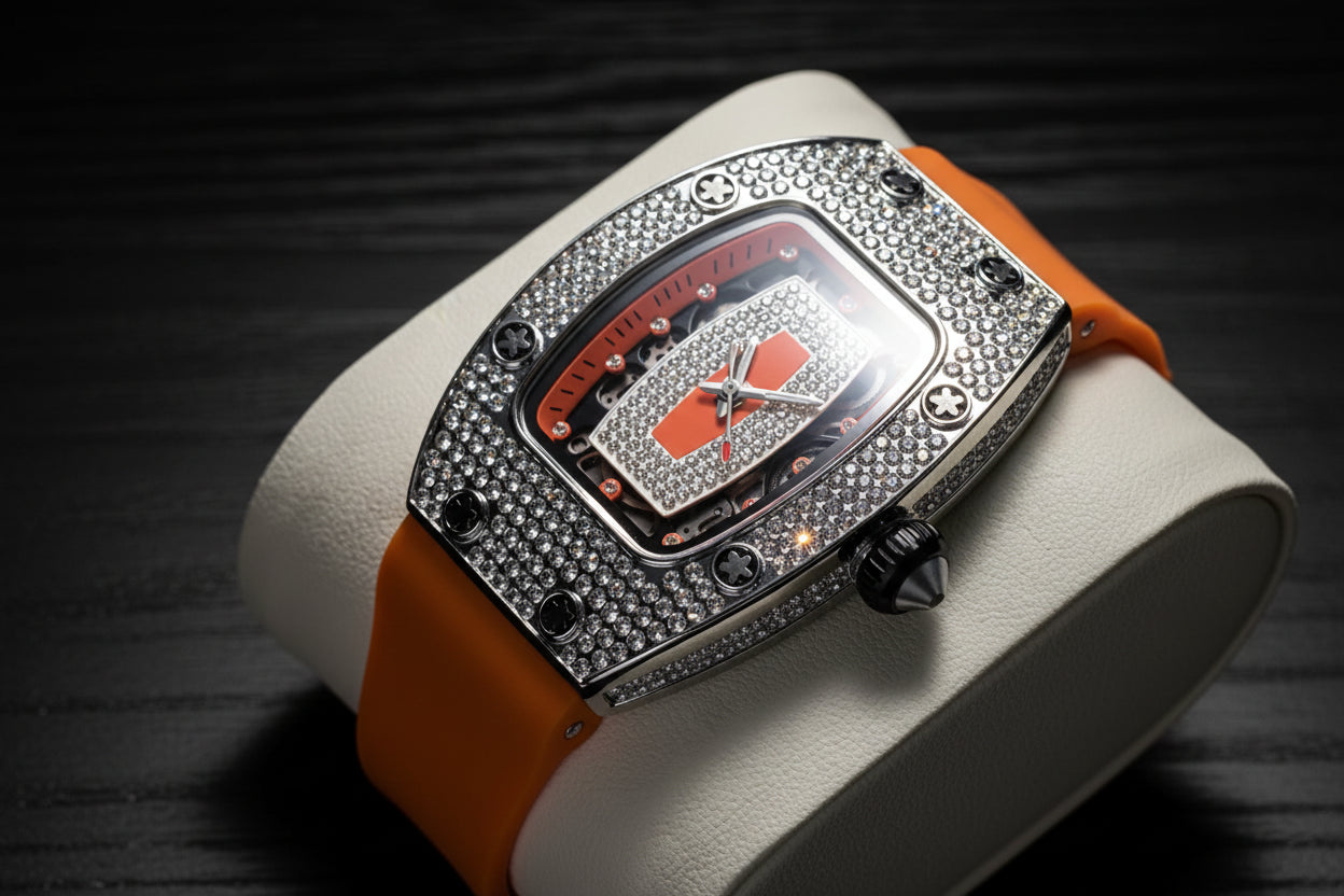 Luxury vortex iced out rubber strap wrist watch.