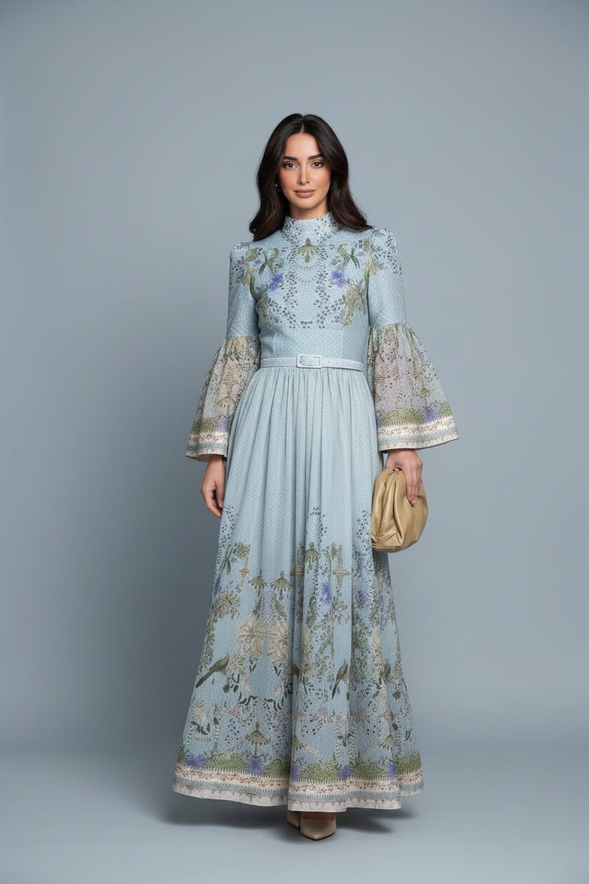 High-Neck Floral Midi Dress – Belted Waist & Bell Sleeve Occasion Dress