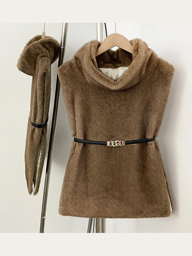 Women's faux fur vest in beige, front view

Women's plush faux fur vest with matching belt

Women's brown faux fur vest, sleeveless design

Women's faux fur vest with long front and short back

Close-up of plush faux fur vest texture

Women's faux fur vest styled with a long-sleeve top