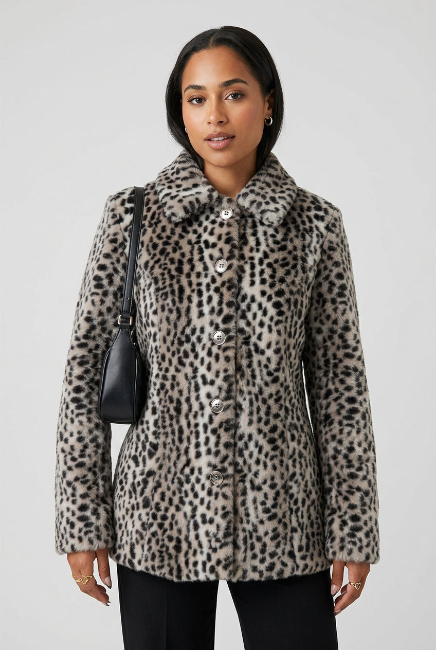 Leopard-print faux fur coat showing its relaxed silhouette and long sleeves