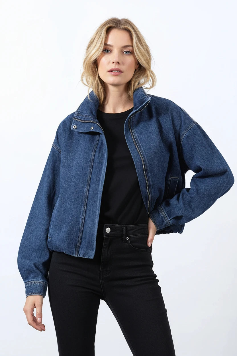 cropped denim jacket women, blue cropped jacket women, women's cropped jacket, stand collar jacket women, relaxed cropped jacket, blue casual jacket women, women's street style jacket, cropped button jacket, women's lightweight jacket, casual women's outerwear, cropped blue jacket, women's spring jacket, women's everyday jacket, relaxed fit jacket