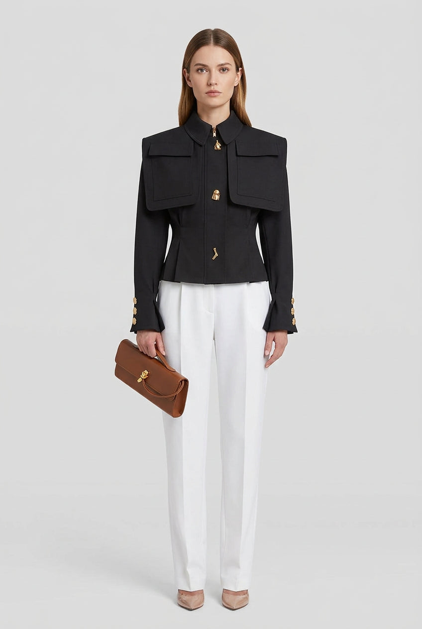 Short belted jacket with long sleeves and flared cuffs
