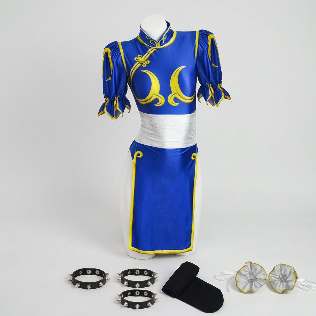 Blue Chun-Li Cosplay Costume Set with Skirt and Optional Bracelets