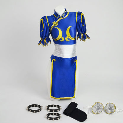 Blue Chun-Li Cosplay Costume Set with Skirt and Optional Bracelets