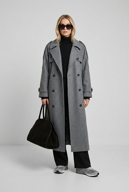 Brown long coat with classic lapels and button detailing