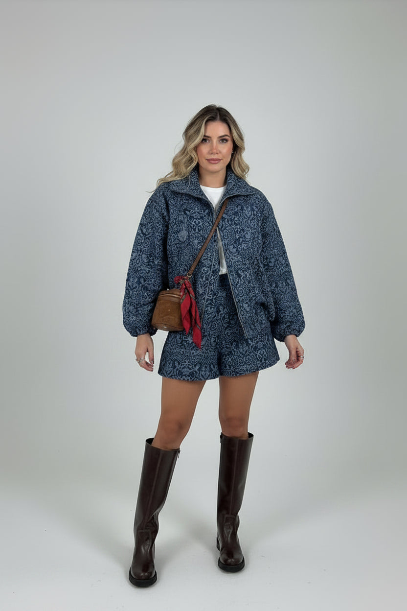 women's paisley two piece set, women's fall two piece outfit, paisley outfit women, fall outfit women 2026, women's matching set, long sleeve two piece set, jacket and shorts set women, vintage inspired outfit women, chic fall outfit women, autumn outfit women, women's casual two piece set, fall fashion 2026, women's boutique clothing, pumpkin picking outfit, fall photoshoot outfit, brunch outfit women, autumn matching set, navy blue two piece set, stylish fall outfits
