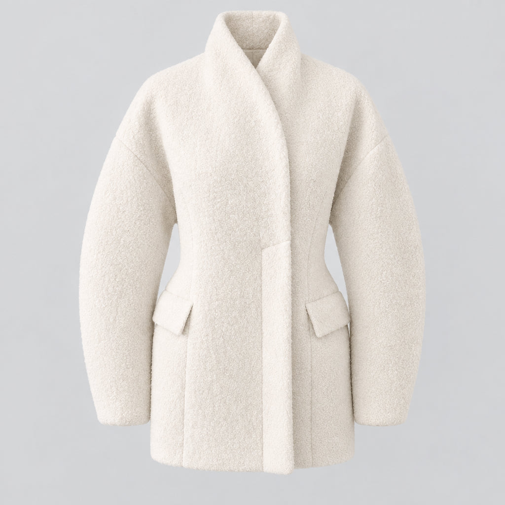 Women's black V-neck coat
Women's white V-neck coat
Women's coat with covered-button closure
Close-up of women's V-neck coat
Women's black coat front view
Women's white coat front view
Women's coat styled with trousers
Women's coat styled with jeans
Women's coat with full-length sleeves