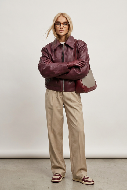 Wine red jacket turn-down collar detail