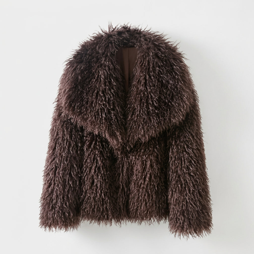 Faux fur coat detail with covered buttons and collar