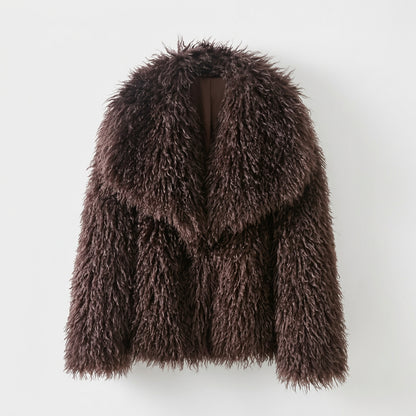 Faux fur coat detail with covered buttons and collar