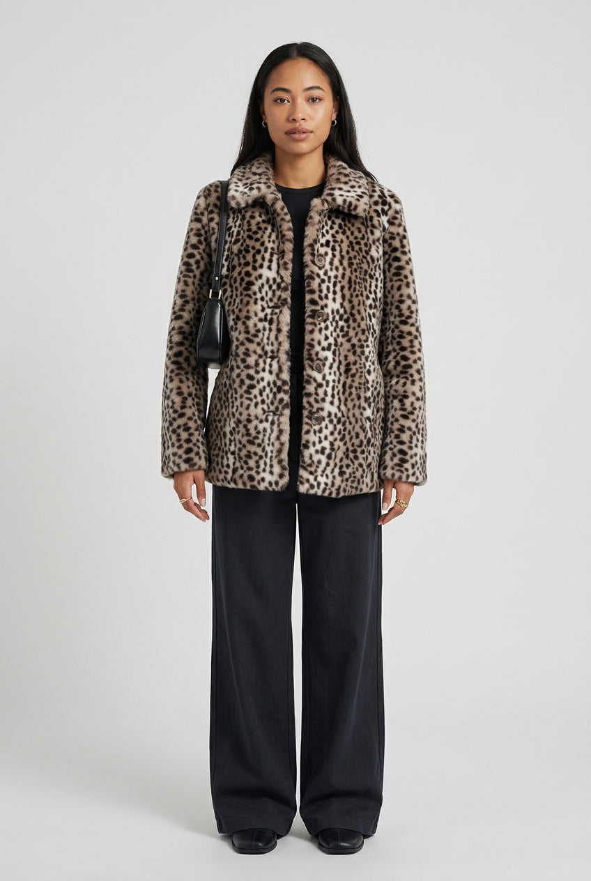 Close-up view of the leopard pattern and textured faux fur on the coat