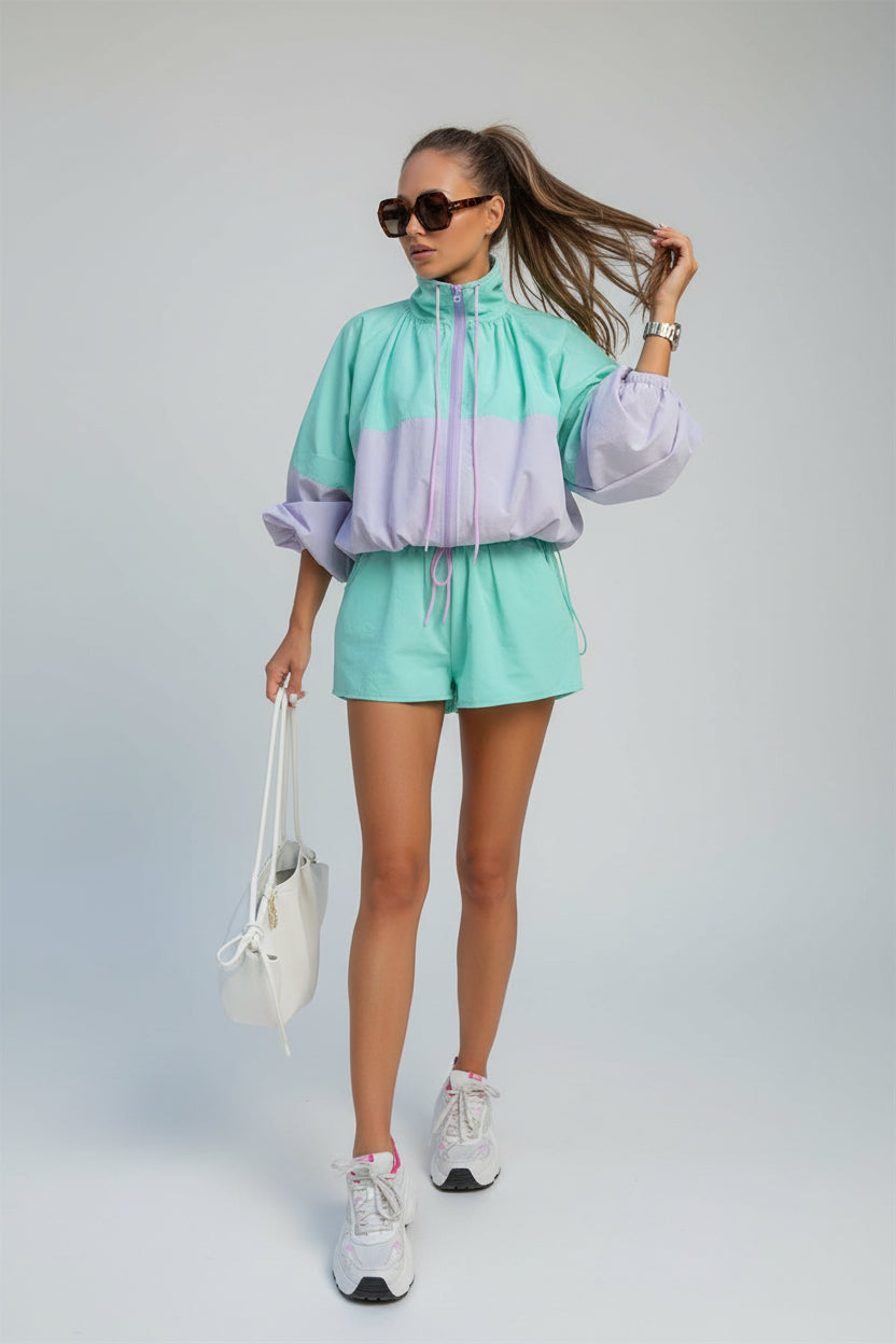 women's two piece shorts set, women's matching shorts set, color block two piece set, women's windbreaker set, women's jacket and shorts set, sporty two piece set women, women's summer outfit set, women's casual two piece outfit, women's athleisure set, women's streetwear set, matching jacket and shorts women, women's vacation outfit, women's travel outfit, women's weekend outfit, women's sporty outfit, women's casual set with shorts, color block outfit women, women's summer matching set, women's tracksuit 