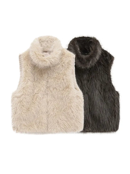 Faux fur vest showing the high turtleneck collar