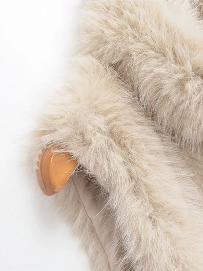 Detail of the high neckline on the faux fur vest